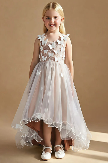 Akaks Eria Bronze Flower Girl Dress A-Line V-neck Lace Tulle Asymmetrical Hem Sleeveless 3D White Flowers Dress Image693726