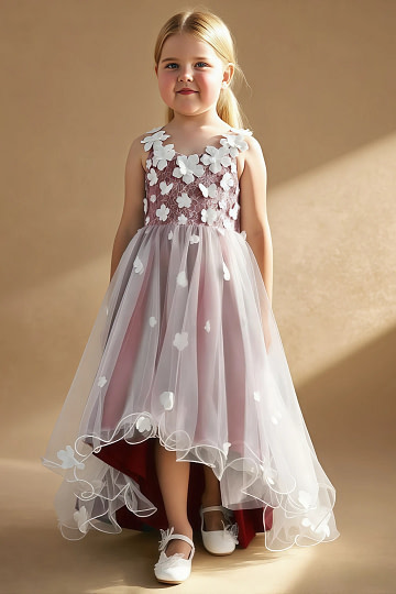 Akaks Eria Burgundy Flower Girl Dress A-Line V-neck Lace Tulle Asymmetrical Hem Sleeveless 3D White Flowers Dress Image770943