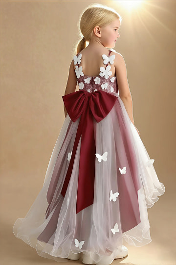 Akaks Eria Burgundy Flower Girl Dress A-Line V-neck Lace Tulle Asymmetrical Hem Sleeveless 3D White Flowers Dress Image885017