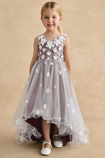 Akaks Eria Cabernet Flower Girl Dress A-Line V-neck Lace Tulle Asymmetrical Hem Sleeveless 3D White Flowers Dress Image187613