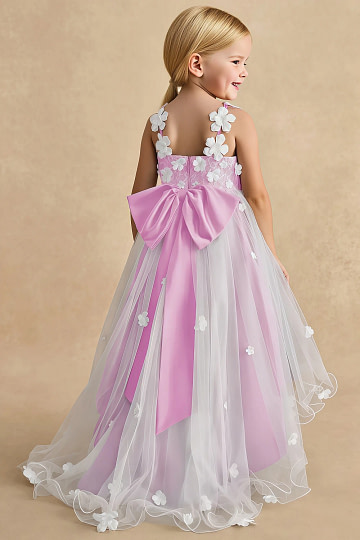 Akaks Eria Candy Pink Flower Girl Dress A-Line V-neck Lace Tulle Asymmetrical Hem Sleeveless 3D White Flowers Dress Image168746