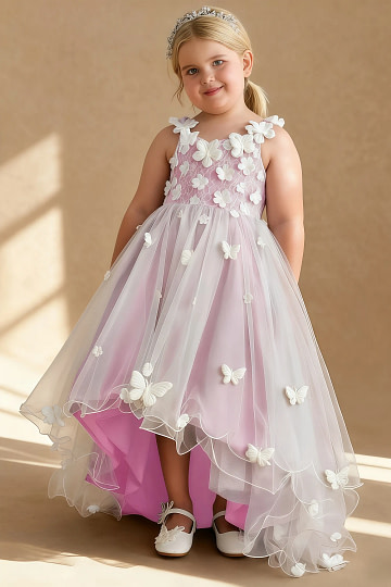 Akaks Eria Candy Pink Flower Girl Dress A-Line V-neck Lace Tulle Asymmetrical Hem Sleeveless 3D White Flowers Dress Image655547