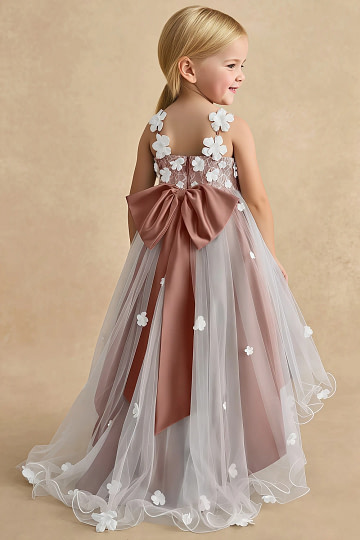 Akaks Eria Cedar Rose Flower Girl Dress A-Line V-neck Lace Tulle Asymmetrical Hem Sleeveless 3D White Flowers Dress Image172803