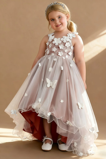 Akaks Eria Cedar Rose Flower Girl Dress A-Line V-neck Lace Tulle Asymmetrical Hem Sleeveless 3D White Flowers Dress Image776475