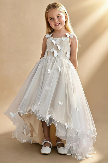 Akaks Eria Champagne Flower Girl Dress A-Line V-neck Lace Tulle Asymmetrical Hem Sleeveless 3D White Flowers Dress Image578772
