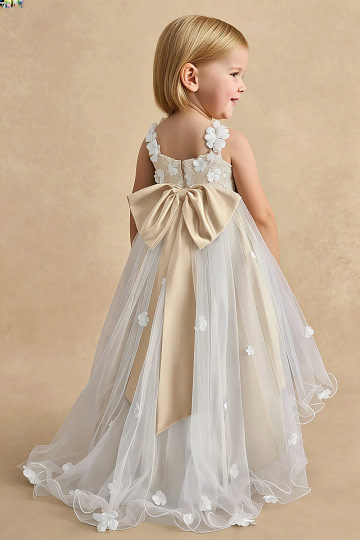 Akaks Eria Champagne Flower Girl Dress A-Line V-neck Lace Tulle Asymmetrical Hem Sleeveless 3D White Flowers Dress Image848382