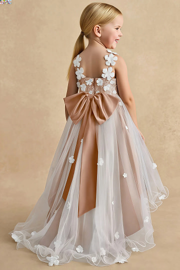 Akaks Eria Champagne Rose Flower Girl Dress A-Line V-neck Lace Tulle Asymmetrical Hem Sleeveless 3D White Flowers Dress Image818695