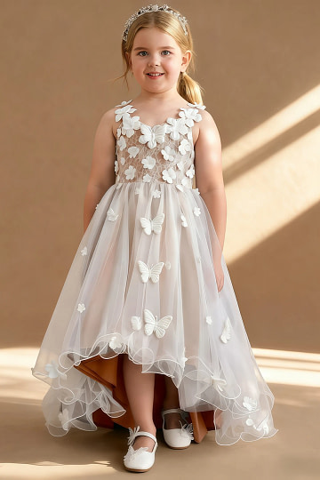 Akaks Eria Champagne Rose Flower Girl Dress A-Line V-neck Lace Tulle Asymmetrical Hem Sleeveless 3D White Flowers Dress Image903062