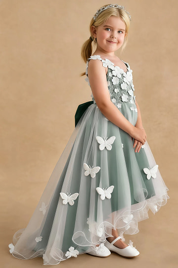 Akaks Eria Dark Green Flower Girl Dress A-Line Lace Tulle Asymmetrical Hem Sleeveless V-neck 3D White Flowers Dress Image634372
