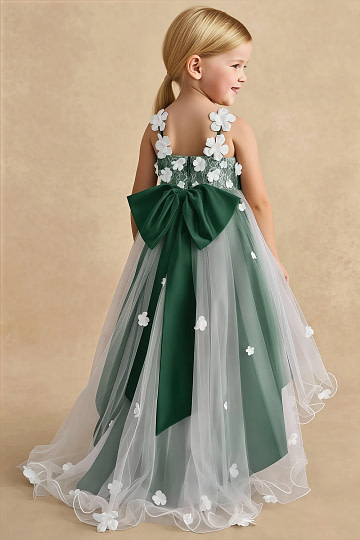 Akaks Eria Dark Green Flower Girl Dress A-Line Lace Tulle Asymmetrical Hem Sleeveless V-neck 3D White Flowers Dress Image987944