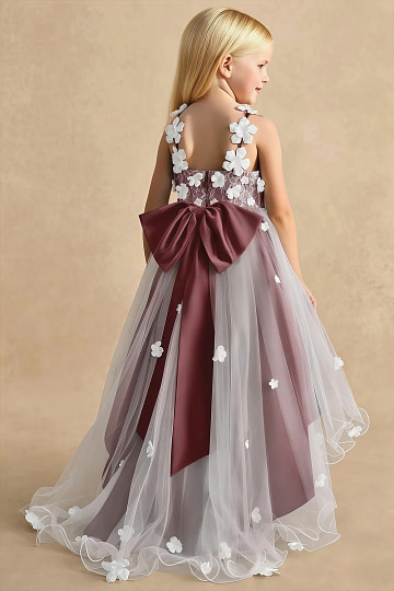 Akaks Eria Desert Rose Flower Girl Dress A-Line V-neck Lace Tulle Asymmetrical Hem Sleeveless 3D White Flowers Dress Image373313