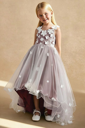 Akaks Eria Desert Rose Flower Girl Dress A-Line V-neck Lace Tulle Asymmetrical Hem Sleeveless 3D White Flowers Dress Image983806