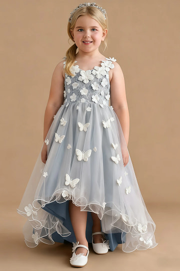 Akaks Eria Dusty Blue Flower Girl Dress A-Line V-neck Lace Tulle Asymmetrical Hem Sleeveless 3D White Flowers Dress Image820099