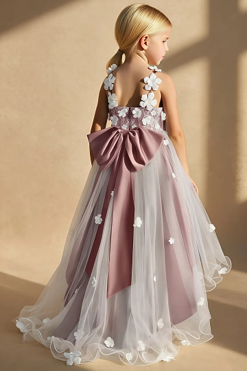 Akaks Eria Dusty Rose Flower Girl Dress A-Line V-neck Lace Tulle Asymmetrical Hem Sleeveless 3D White Flowers Dress Image352461