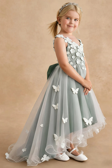 Akaks Eria Eucalyptus Flower Girl Dress A-Line Lace Tulle Asymmetrical Hem Sleeveless V-neck 3D White Flowers Dress Image710018