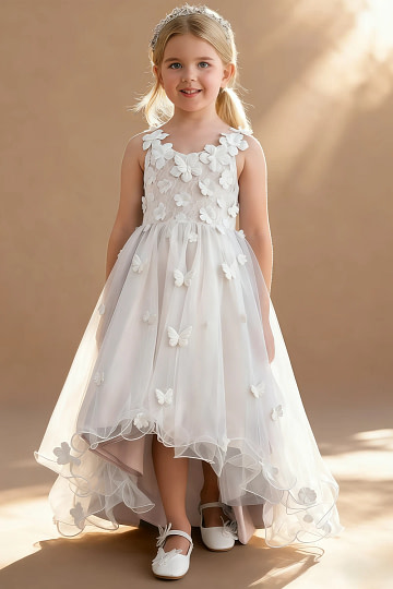 Akaks Eria Flower Girl Dress with Rose Petals Inside A-Line V-neck Lace Tulle Asymmetrical Hem Sleeveless 3D White Flowers Dress Image437229