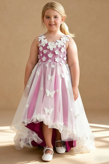 Akaks Eria Fuchsia Flower Girl Dress A-Line V-neck Lace Tulle Asymmetrical Hem Sleeveless 3D White Flowers Dress Image689790
