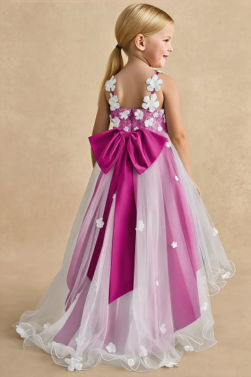 Akaks Eria Fuchsia Flower Girl Dress A-Line V-neck Lace Tulle Asymmetrical Hem Sleeveless 3D White Flowers Dress Image819201