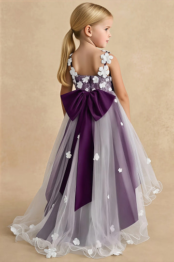 Akaks Eria Grape Flower Girl Dress A-Line V-neck Lace Tulle Asymmetrical Hem Sleeveless 3D White Flowers Dress Image279119
