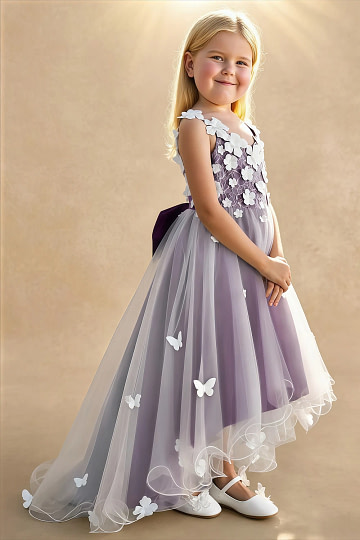 Akaks Eria Grape Flower Girl Dress A-Line V-neck Lace Tulle Asymmetrical Hem Sleeveless 3D White Flowers Dress Image946991