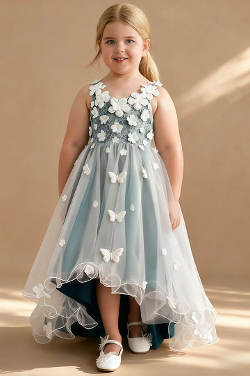 Akaks Eria Ink Blue Flower Girl Dress A-Line V-neck Lace Tulle Asymmetrical Hem Sleeveless 3D White Flowers Dress Image558675