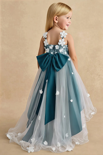Akaks Eria Ink Blue Flower Girl Dress A-Line V-neck Lace Tulle Asymmetrical Hem Sleeveless 3D White Flowers Dress Image675920