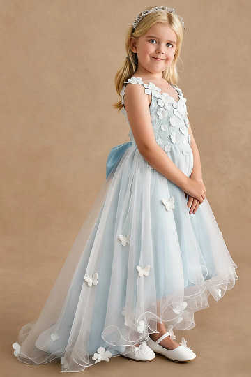 Akaks Eria Light Blue Flower Girl Dress A-Line V-neck Lace Tulle Asymmetrical Hem Sleeveless 3D White Flowers Dress Image390472