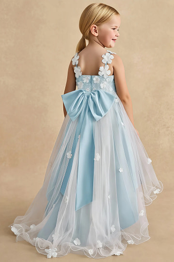 Akaks Eria Light Blue Flower Girl Dress A-Line V-neck Lace Tulle Asymmetrical Hem Sleeveless 3D White Flowers Dress Image447534