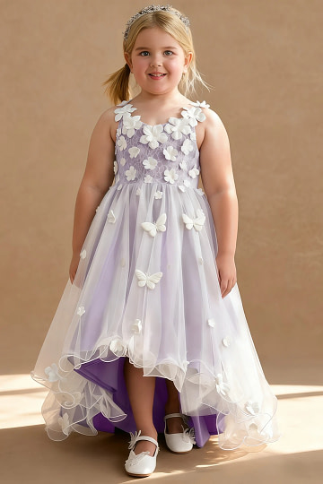 Akaks Eria Lilac Flower Girl Dress A-Line V-neck Lace Tulle Asymmetrical Hem Sleeveless 3D White Flowers Dress Image418748