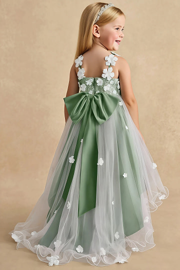 Akaks Eria Matcha Flower Girl Dress A-Line Lace Tulle Asymmetrical Hem Sleeveless V-neck 3D White Flowers Dress Image616087