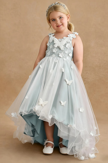 Akaks Eria Mist Blue Flower Girl Dress A-Line V-neck Lace Tulle Asymmetrical Hem Sleeveless 3D White Flowers Dress Image177083