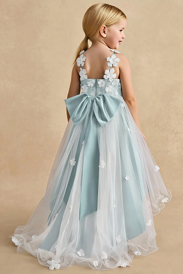 Akaks Eria Mist Blue Flower Girl Dress A-Line V-neck Lace Tulle Asymmetrical Hem Sleeveless 3D White Flowers Dress Image637949