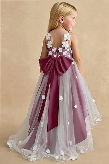 Akaks Eria Mulberry Flower Girl Dress A-Line V-neck Lace Tulle Asymmetrical Hem Sleeveless 3D White Flowers Dress Image648791