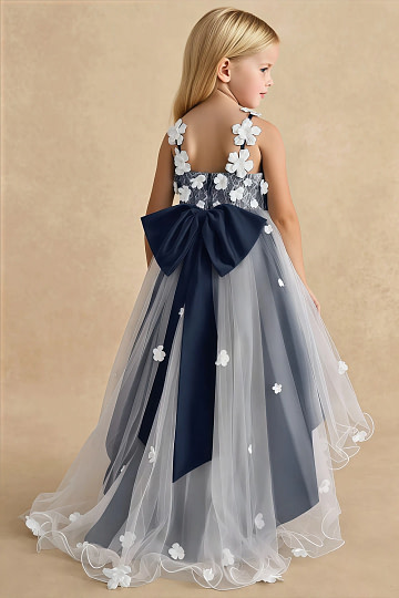 Akaks Eria Navy Flower Girl Dress A-Line V-neck Lace Tulle Asymmetrical Hem Sleeveless 3D White Flowers Dress Image323116