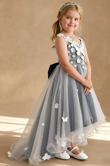 Akaks Eria Navy Flower Girl Dress A-Line V-neck Lace Tulle Asymmetrical Hem Sleeveless 3D White Flowers Dress Image909764