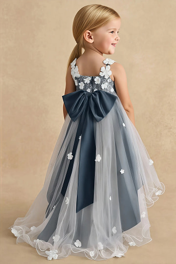 Akaks Eria Neptune Flower Girl Dress A-Line V-neck Lace Tulle Asymmetrical Hem Sleeveless 3D White Flowers Dress Image452494