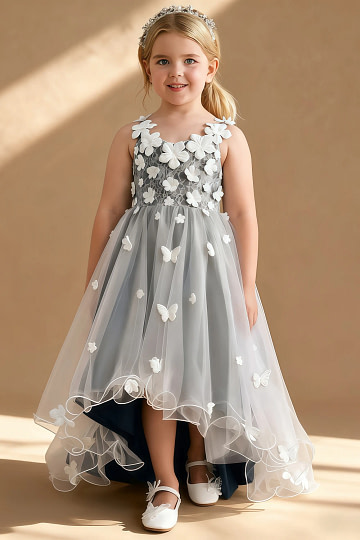 Akaks Eria Neptune Flower Girl Dress A-Line V-neck Lace Tulle Asymmetrical Hem Sleeveless 3D White Flowers Dress Image504309