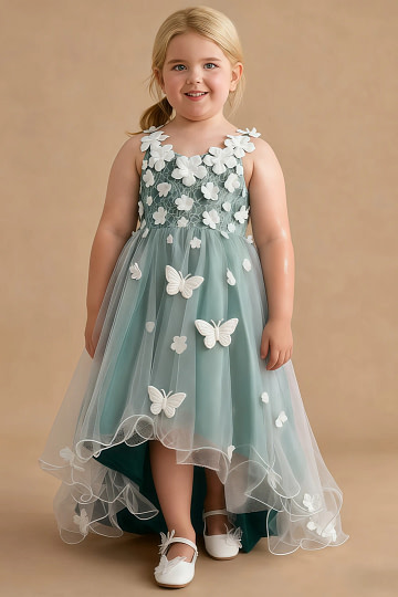 Akaks Eria Peacock Flower Girl Dress A-Line V-neck Lace Tulle Asymmetrical Hem Sleeveless 3D White Flowers Dress Image280735