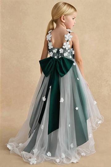 Akaks Eria Pine Green Flower Girl Dress A-Line V-neck Lace Tulle Asymmetrical Hem Sleeveless 3D White Flowers Dress Image358314
