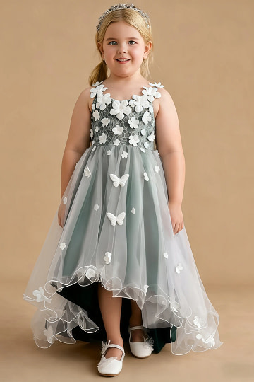 Akaks Eria Pine Green Flower Girl Dress A-Line V-neck Lace Tulle Asymmetrical Hem Sleeveless 3D White Flowers Dress Image850327