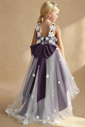 Akaks Eria Plum Flower Girl Dress A-Line V-neck Lace Tulle Asymmetrical Hem Sleeveless 3D White Flowers Dress Image251174