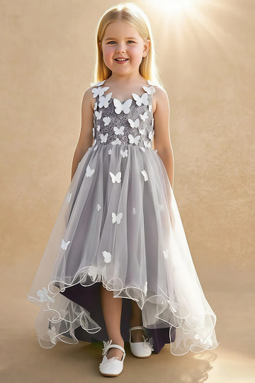 Akaks Eria Plum Flower Girl Dress A-Line V-neck Lace Tulle Asymmetrical Hem Sleeveless 3D White Flowers Dress Image955323