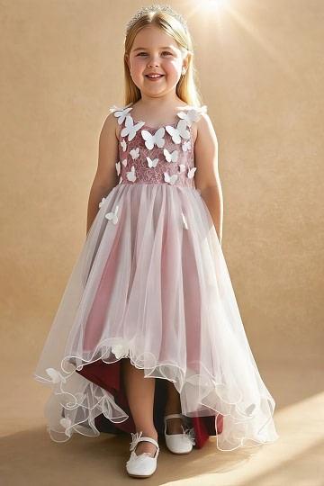 Akaks Eria Pomegranate Flower Girl Dress A-Line V-neck Lace Tulle Asymmetrical Hem Sleeveless 3D White Flowers Dress Image462047