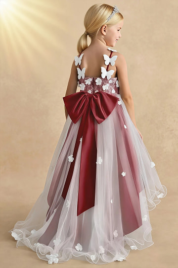 Akaks Eria Pomegranate Flower Girl Dress A-Line V-neck Lace Tulle Asymmetrical Hem Sleeveless 3D White Flowers Dress Image466494