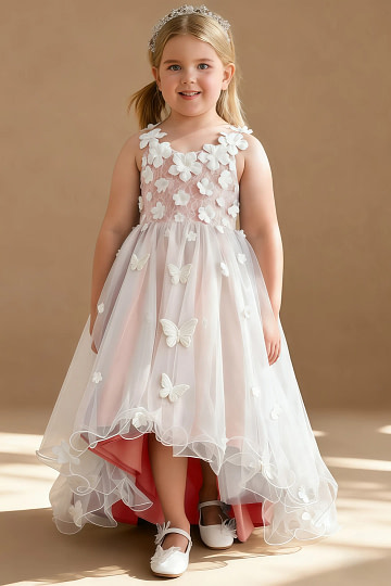 Akaks Eria Rosette Flower Girl Dress A-Line V-neck Lace Tulle Asymmetrical Hem Sleeveless 3D White Flowers Dress Image204518