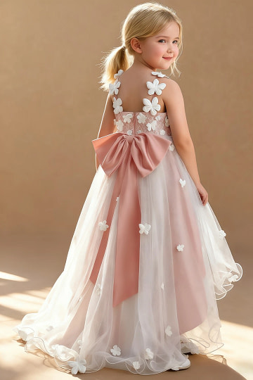 Akaks Eria Rosette Flower Girl Dress A-Line V-neck Lace Tulle Asymmetrical Hem Sleeveless 3D White Flowers Dress Image794143