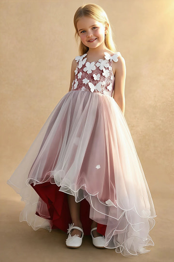 Akaks Eria Rust Flower Girl Dress A-Line V-neck Lace Tulle Asymmetrical Hem Sleeveless 3D White Flowers Dress Image248182