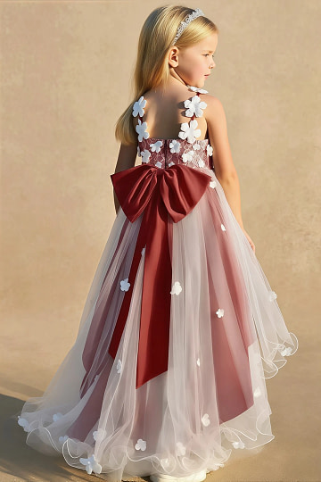 Akaks Eria Rust Flower Girl Dress A-Line V-neck Lace Tulle Asymmetrical Hem Sleeveless 3D White Flowers Dress Image497320