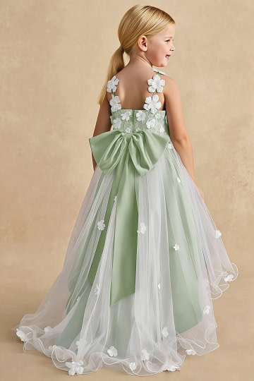 Akaks Eria Sage Green Flower Girl Dress A-Line Lace Tulle Asymmetrical Hem Sleeveless V-neck 3D White Flowers Dress Image146341