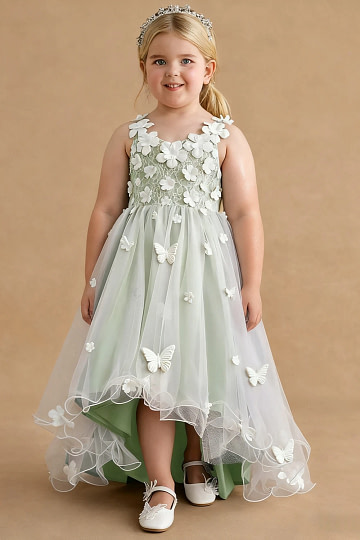 Akaks Eria Sage Green Flower Girl Dress A-Line Lace Tulle Asymmetrical Hem Sleeveless V-neck 3D White Flowers Dress Image853902